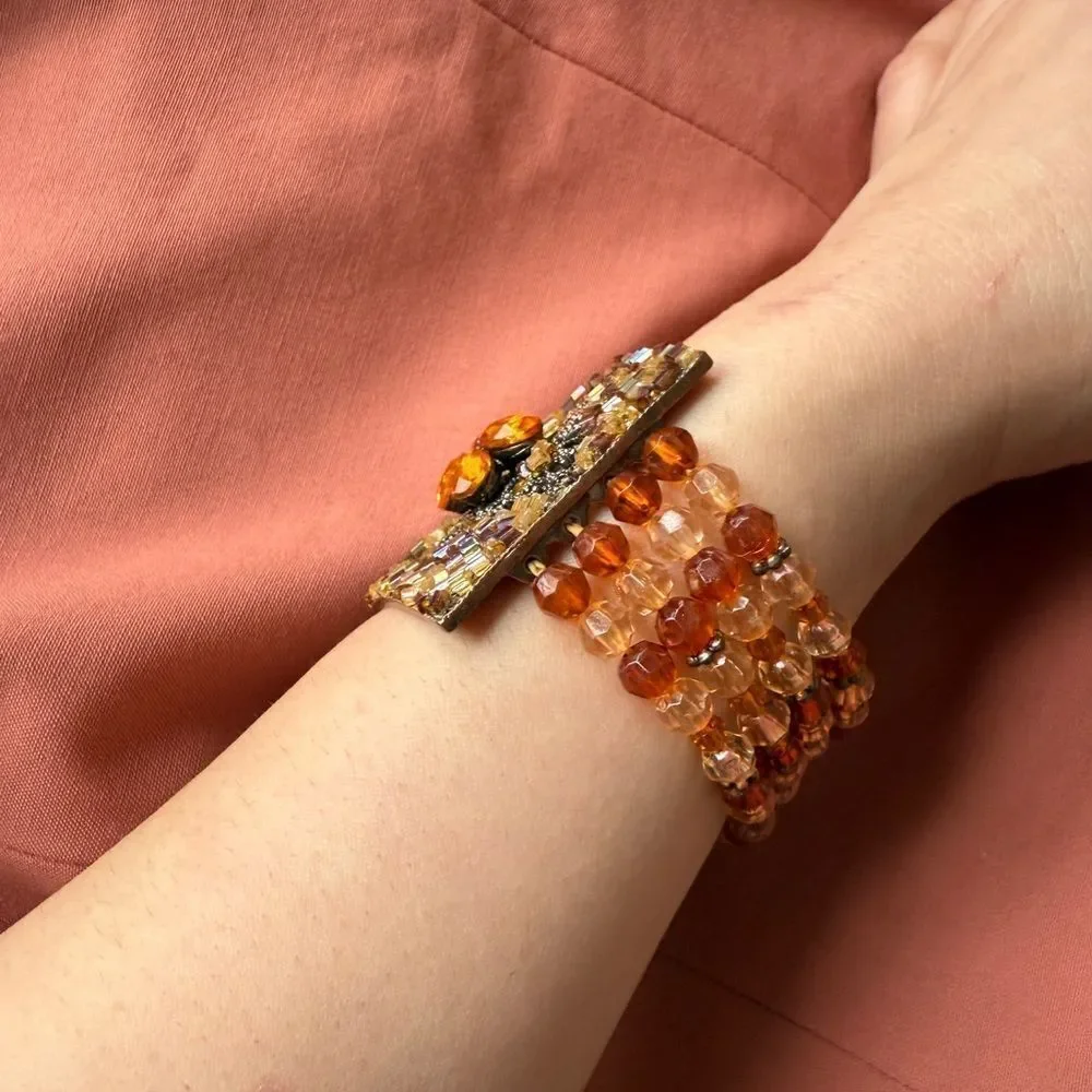 Y2K Multi-stranded Bracelet with a faux Amber Glass, Gems Statement Pendant